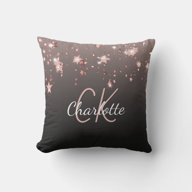 Black rose gold stars monogram name outdoor pillow (Front)