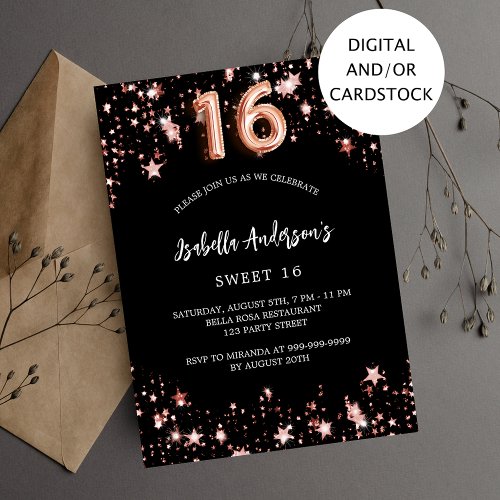 Black rose gold stars Sweet 16 Invitation