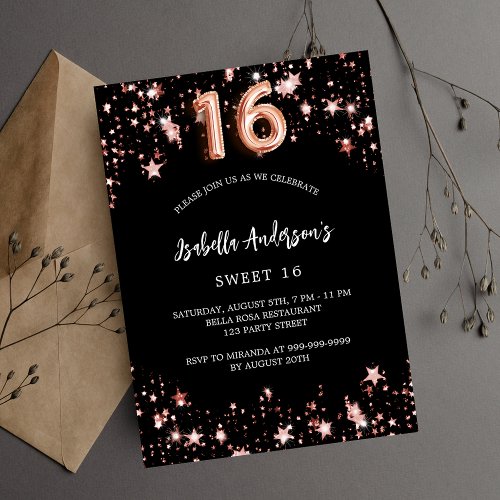 Black rose gold stars Sweet 16 Invitation Postcard