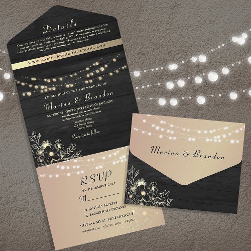 Black Rose Gold String Lights Wedding All In One Invitation