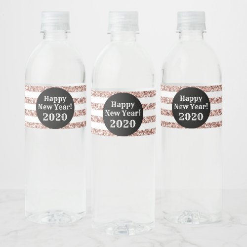 Black Rose Gold Stripes Custom Happy New Year Water Bottle Label