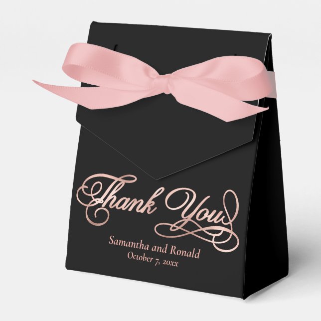 Black & Rose Gold Thank You Calligraphy Wedding Favor Boxes (Front Side)