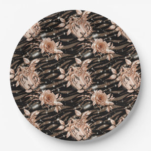 Black Rose Gold Tiger Floral Birthday Paper Plates