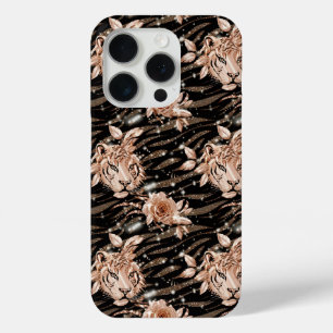 Black Rose Gold Tiger Floral iPhone 15 Pro Case