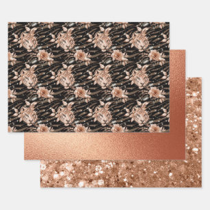 Black Rose Gold Tiger Floral Glam Glitter Wrapping Paper Sheets