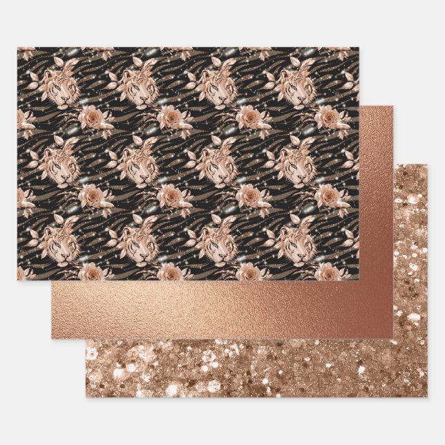 Black Rose Gold Tiger Floral Glam Glitter Wrapping Paper Sheets (Set)