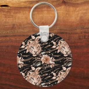 Black Rose Gold Tiger Floral Keychain