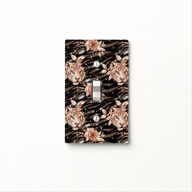 Black Rose Gold Tiger Floral Light Switch Cover (In Situ)