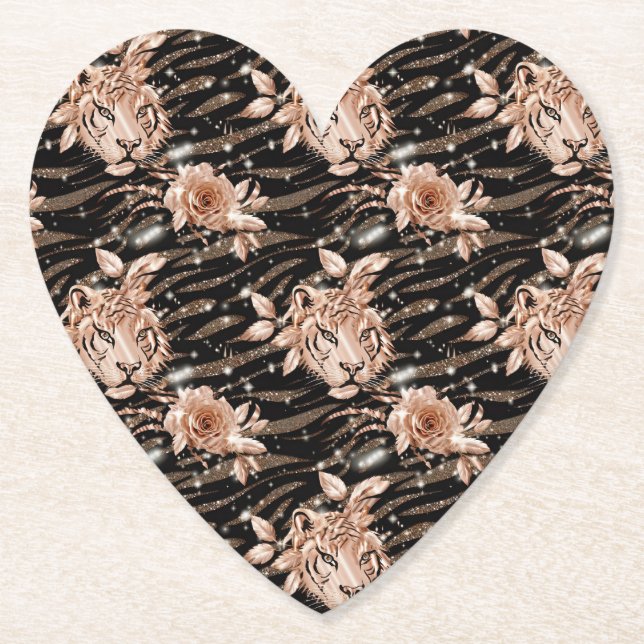 Black Rose Gold Tiger Floral Paper Coaster (Front)