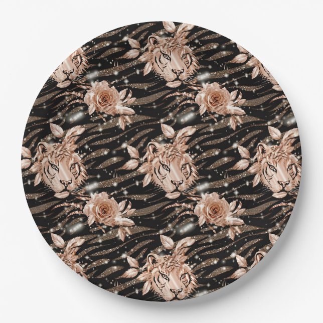Black Rose Gold Tiger Floral Paper Plates (Front)