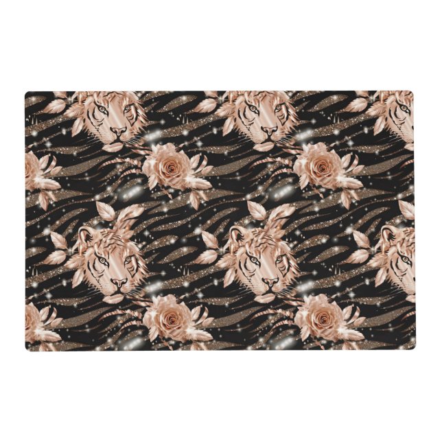 Black Rose Gold Tiger Floral Placemat (Front)