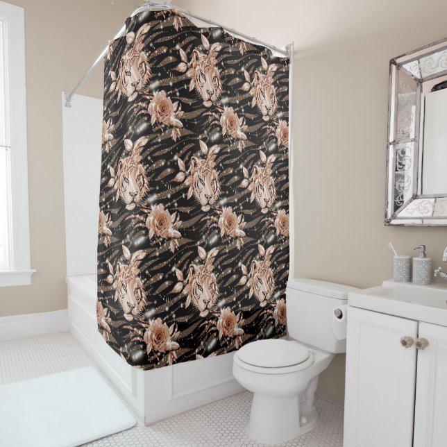 Black Rose Gold Tiger Floral Shower Curtain (In Situ)