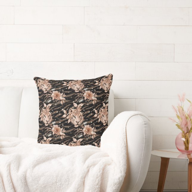 Black Rose Gold Tiger Floral Throw Pillow (Couch)