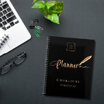 Black rose gold typography business logo 2024 planner<br><div class="desc">A chic black background,  decorated with a feather pen.  Personalize and add your business,  company logo,  name and year.  Golden text: Planner</div>