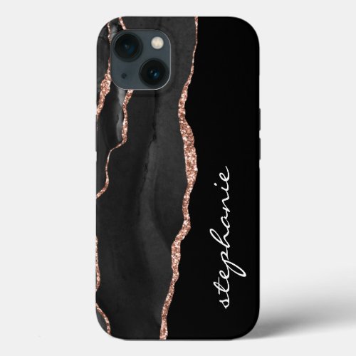 Black Rose Gold Watercolor Agate Personalized iPhone 13 Case