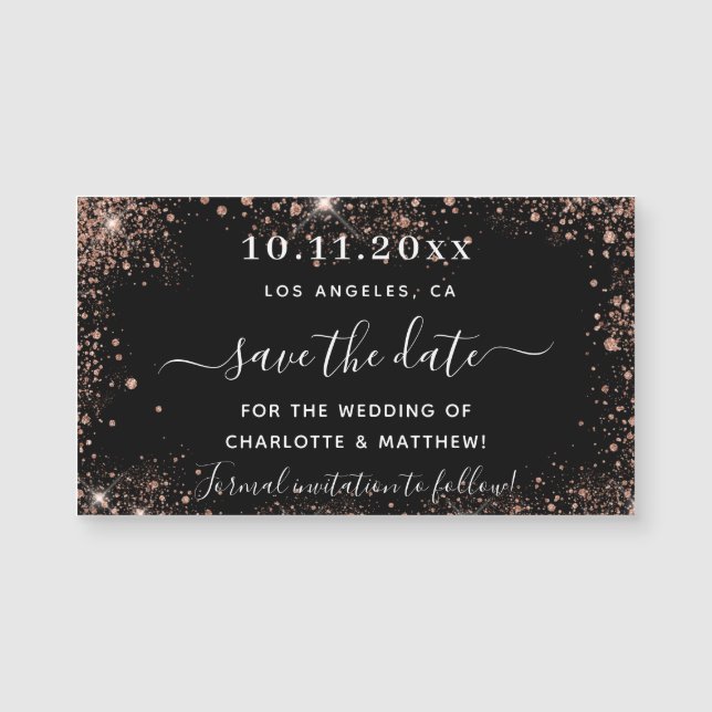 Black rose gold wedding save the date magnet (Front)