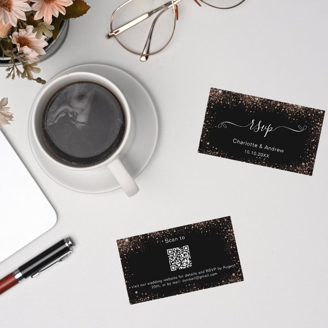 Black rose gold wedding website RSVP QR code Enclosure Card (Creator Uploaded)