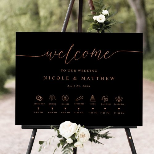 Black Rose Gold Wedding Welcome Sign and Timeline
