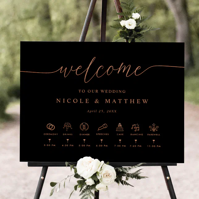 Black, Rose Gold Wedding Welcome Sign and Timeline | Zazzle