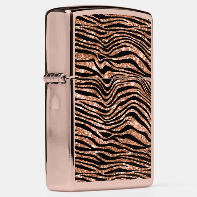 Black Rose Gold Zebra Glitter Zippo Lighter (Right)