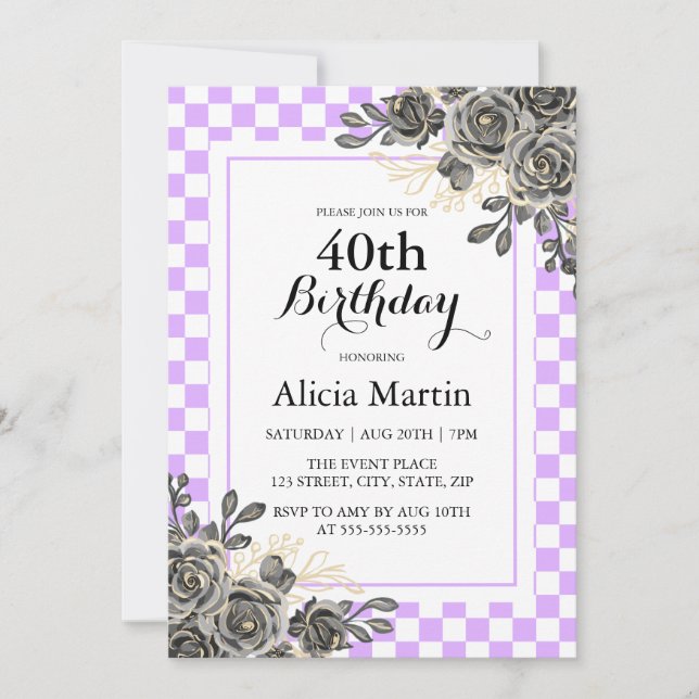 Black Rose Mauve & White Checkered Birthday  Invitation (Front)