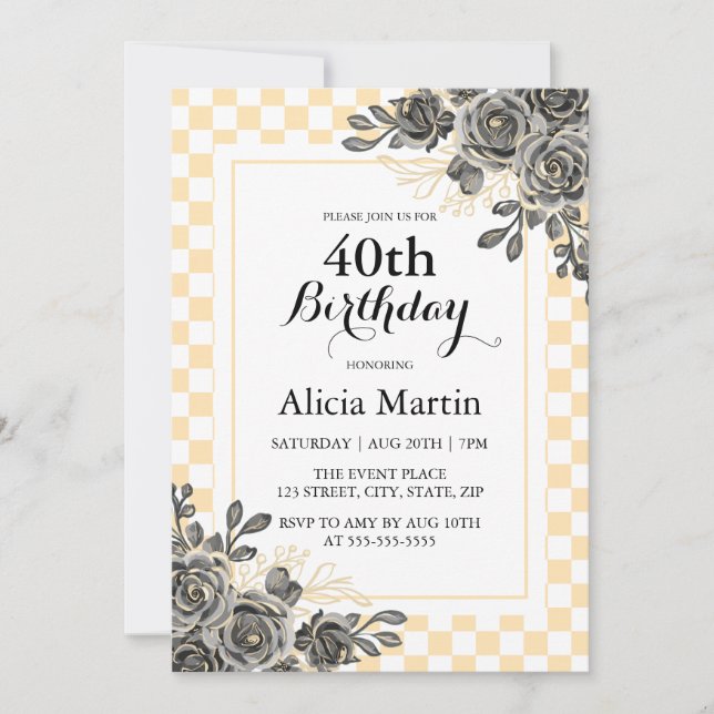 Black Rose Peach & White Checkered Birthday  Invitation (Front)