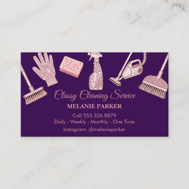 Black & Rose pink Glitter Classy Cleaning Services Business Card (Front)