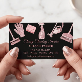 Black & Rose pink Glitter Classy Cleaning Services Business Card
