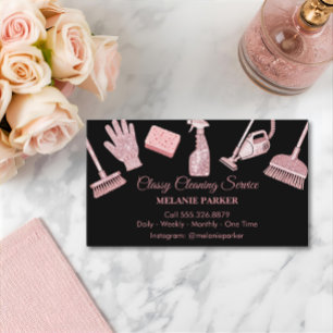Black & Rose pink Glitter Classy Cleaning Services Business Card