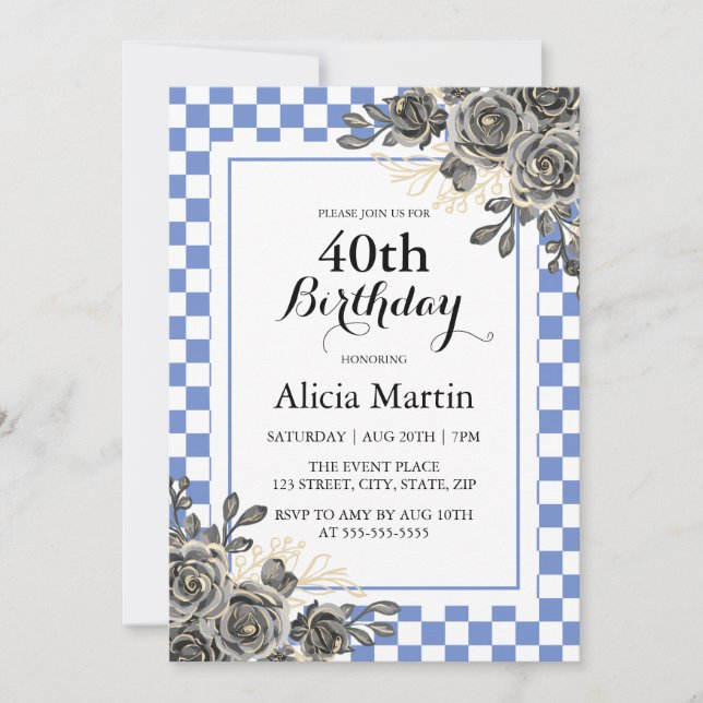 Black Rose Purple Blue & White Checkered Birthday  Invitation (Front)
