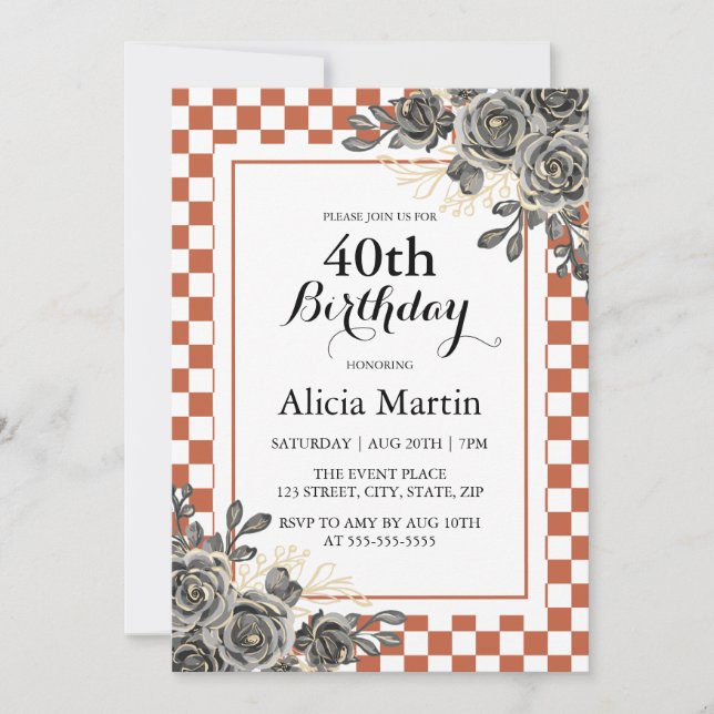 Black Rose Rust & White Checkered Birthday  Invitation (Front)