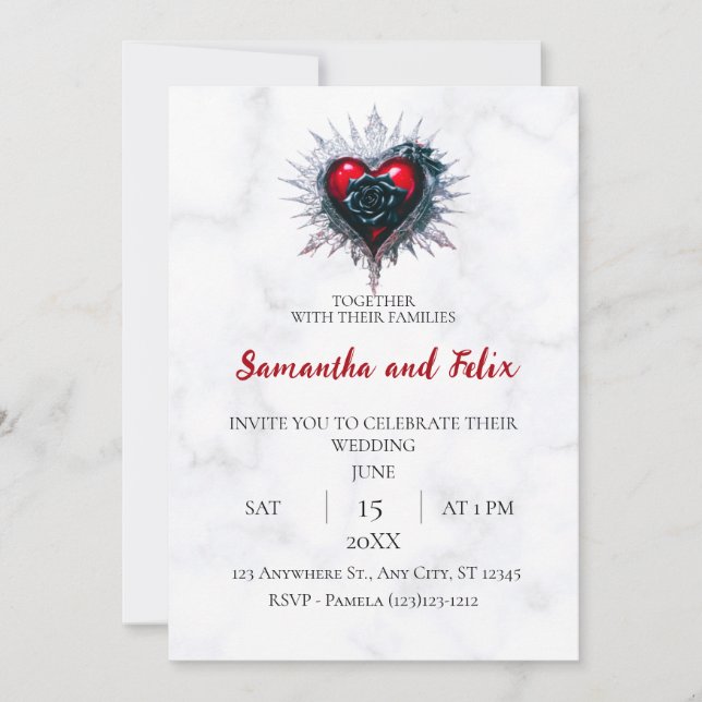 Black Rose Spiked Heart Marble Wedding Invitation (Front)