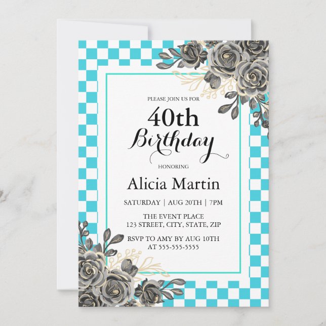 Black Rose Turquoise & White Checkered Birthday  Invitation (Front)
