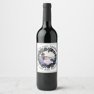 Black rose wreath Thank you Mr & Mrs photo wedding Wine Label
