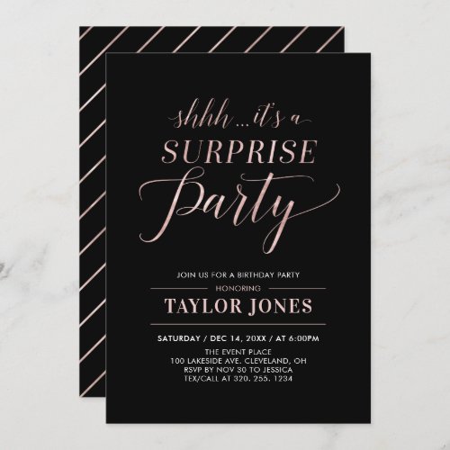 Black  Rosegold  Modern Surprise Birthday Party Invitation