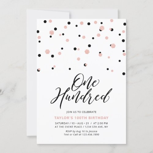 Black RoseGold Simple Hundred 100th Birthday Party Invitation