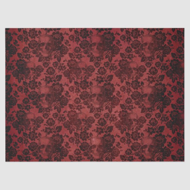 Black Roses and Skulls on Red Decoupage Tissue Paper (Front)