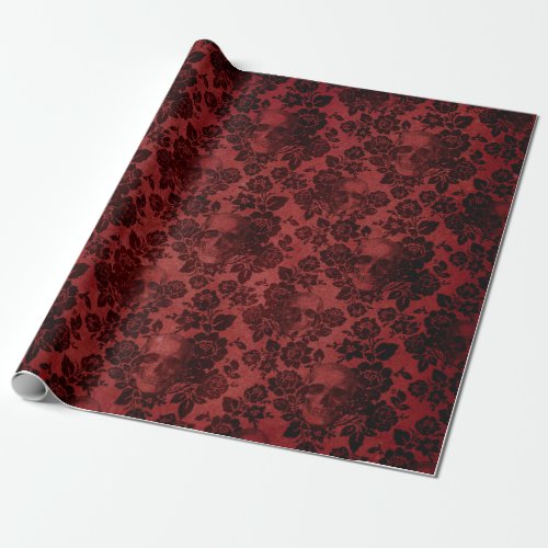 Black Roses and Skulls on Red Wrapping Paper