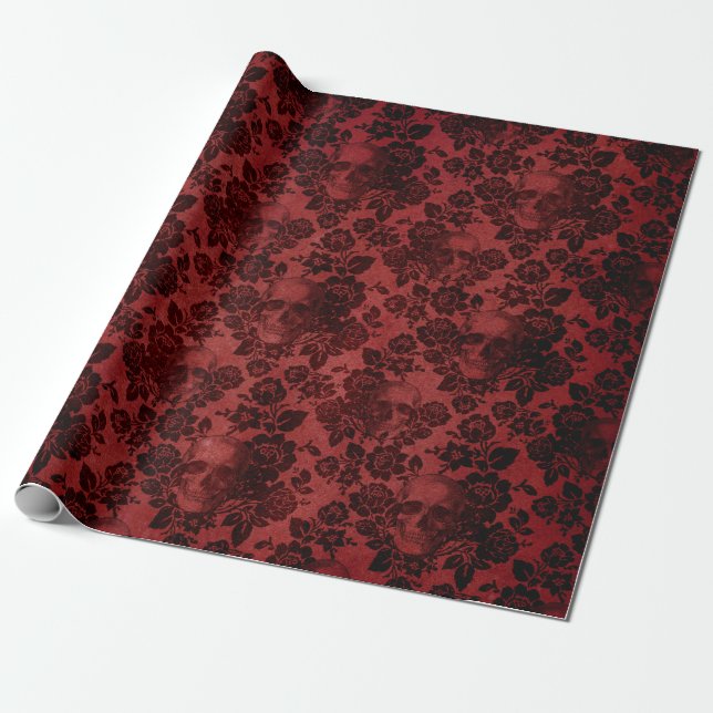 Black Roses and Skulls on Red Wrapping Paper (Unrolled)