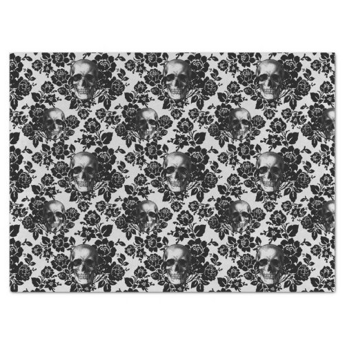 Black Roses and Skulls on White Decoupage Tissue Paper