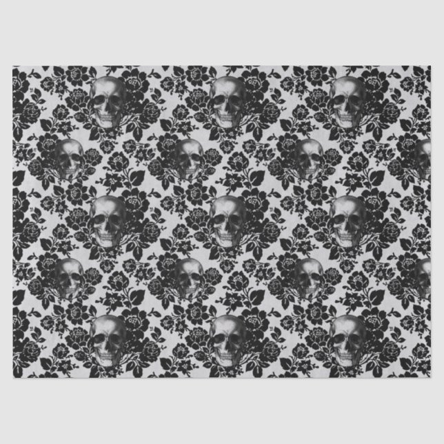 Black Roses and Skulls on White Decoupage Tissue Paper (Front)