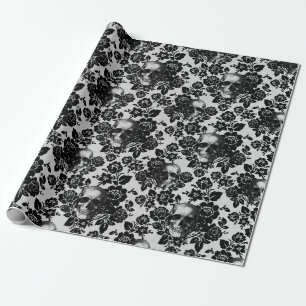 Black Roses and Skulls on White Wrapping Paper