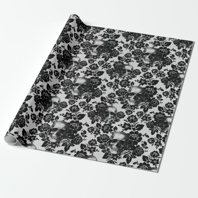 Black Roses and Skulls on White Wrapping Paper (Unrolled)