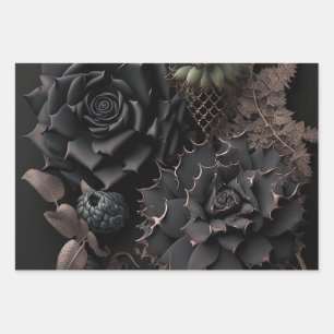 Black Roses and Succulents Goth and Bohemian Wrapping Paper Sheets