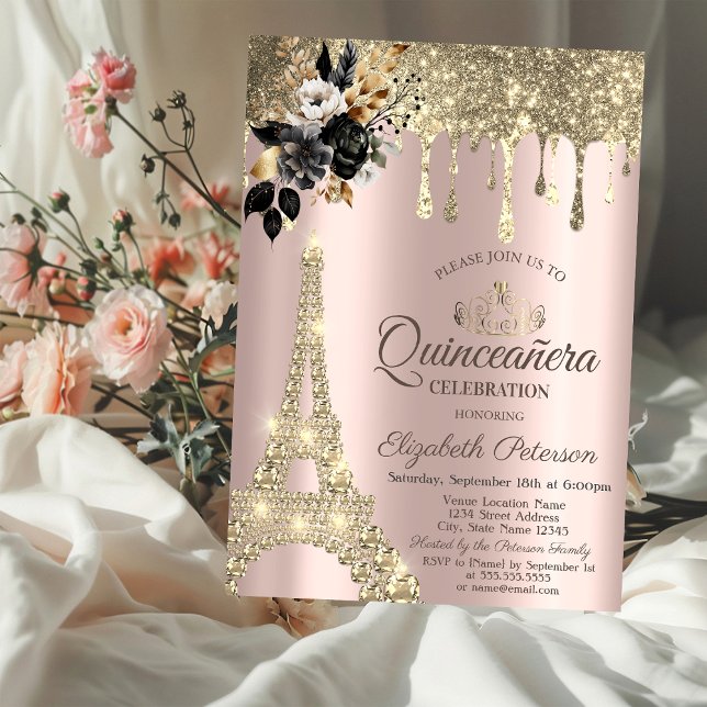 Black Roses Eiffel Tower Gold Drips Invitation (Creator Uploaded)