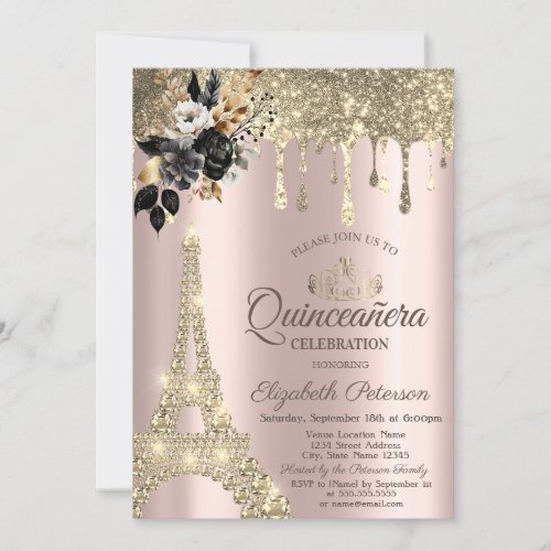 Black Roses Eiffel Tower Gold Drips Invitation