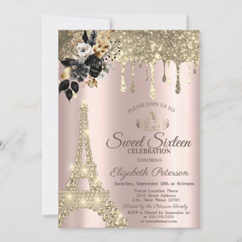 Black Roses Eiffel Tower Gold Drips Sweet 16 Invitation