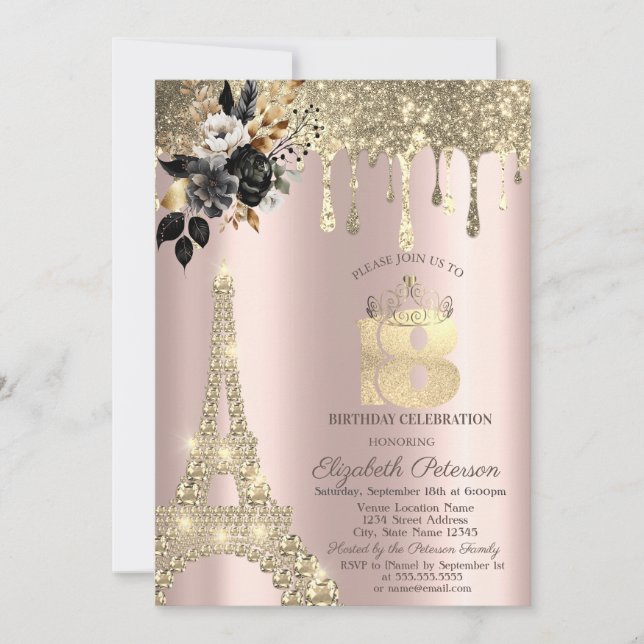 Black Roses Eiffel Tower Gold Drips Sweet 18 Invitation (Front)