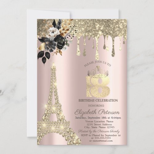Black Roses Eiffel Tower Gold Drips Sweet 18 Invitation