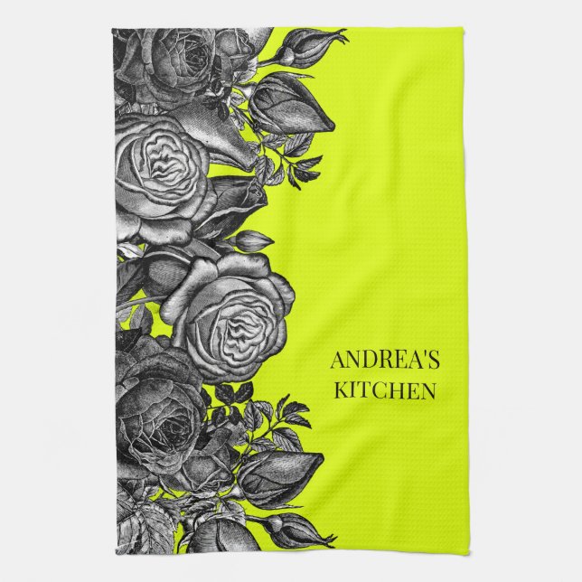 Black Roses Electric Lime Green Your Message Kitchen Towel (Vertical)